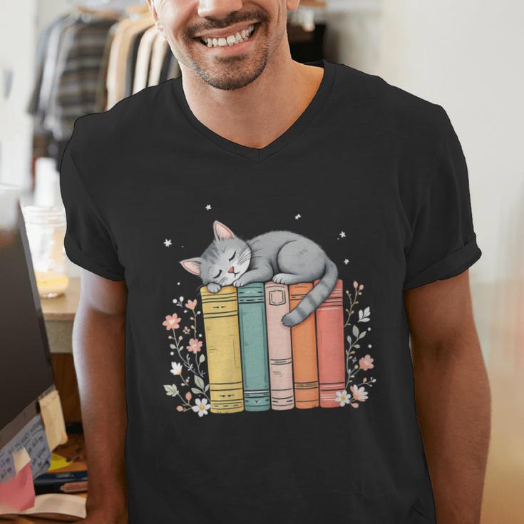 Books Lover Cute Sleepy Cat Relax Reading Vibe Men's V-Neck T-Shirt Books Lover Cute Sleepy Cat Relax Reading Vibe Men's V-Neck T-Shirt