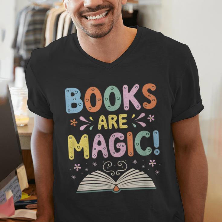 Books Are Magic Whimsical Retro Bookworm Men's V-Neck T-Shirt