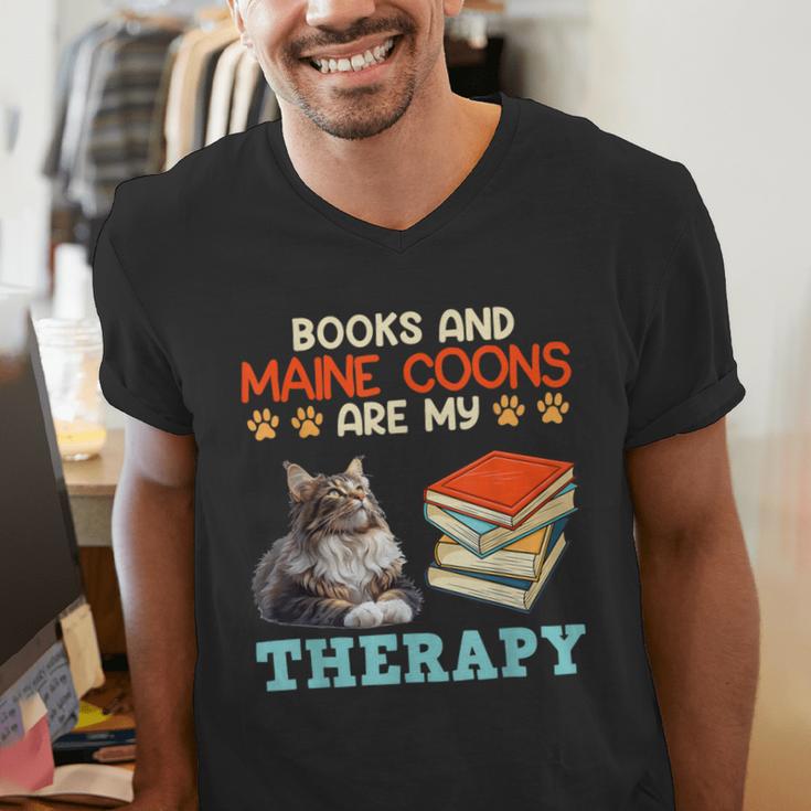 BOOKS AND MAINE COONS ARE MY THERAPY Main Coon Men's V-Neck T-Shirt