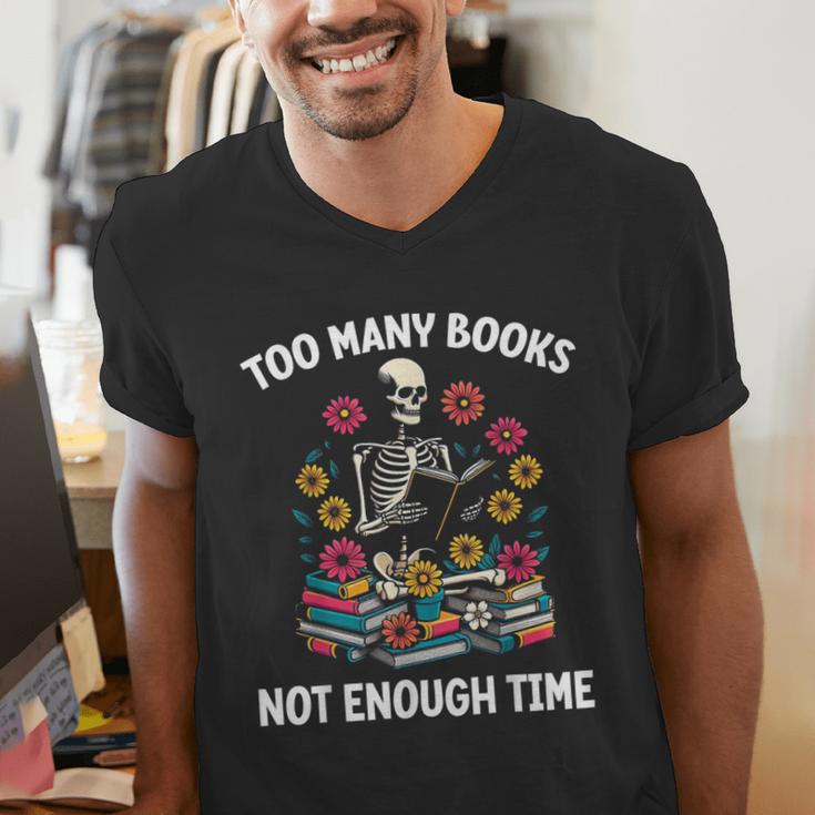 Too Many Books Not Enough Time Skeleton Flowers Reader Men's V-Neck T-Shirt