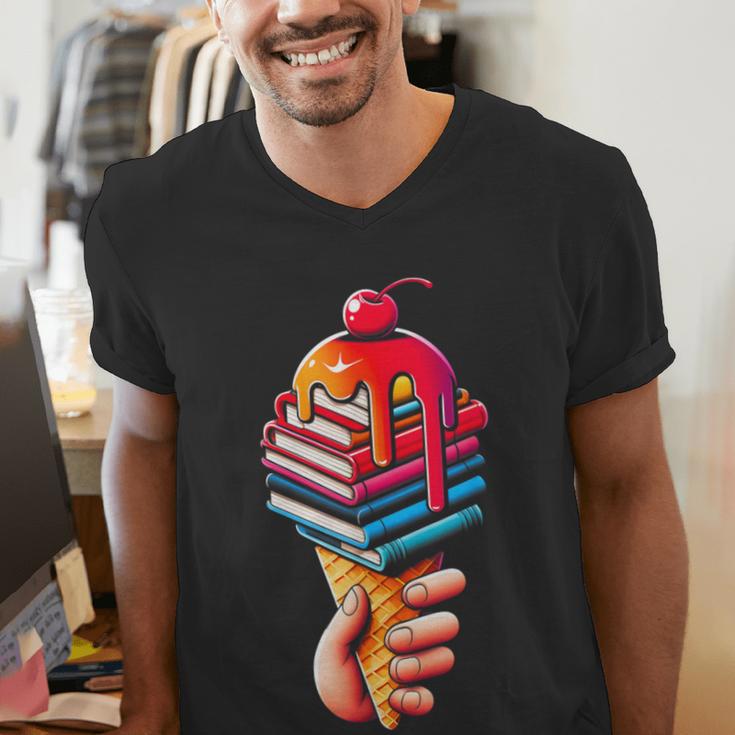 Books Reading Ice Cream Men's V-Neck T-Shirt Books Reading Ice Cream Men's V-Neck T-Shirt