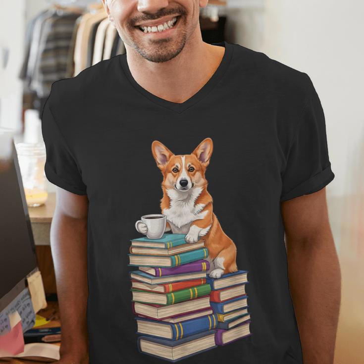 Bookworm Corgi Reading Books Drinking Coffee Dog Lover Men's V-Neck T-Shirt Bookworm Corgi Reading Books Drinking Coffee Dog Lover Men's V-Neck T-Shirt