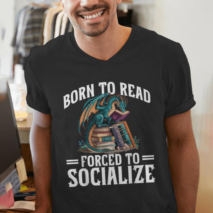 Born To Read Forced To Socialize Dragon Books Reading Men's V-Neck T-Shirt