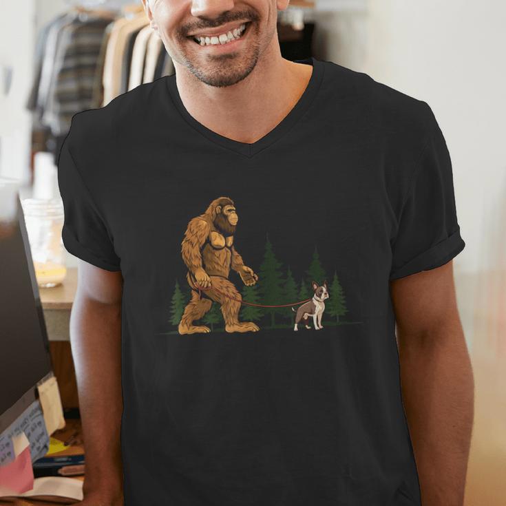 Boston Terrier Bigfoot Dog Walking Dog Mom Dad Kids Men's V-Neck T-Shirt