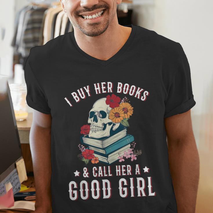 I Buy Her Books Call Her A Good Girl Book Lover Skull Men's V-Neck T-Shirt
