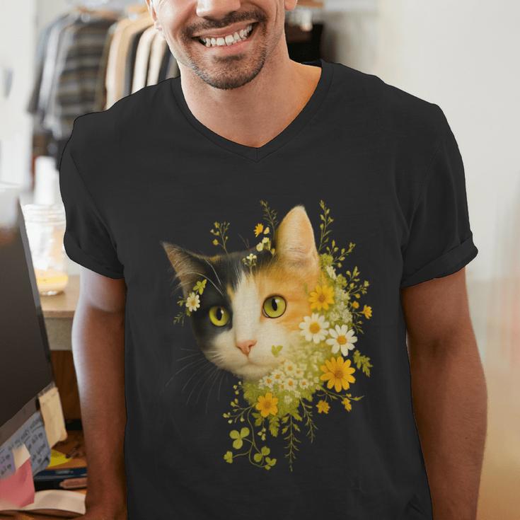 Calico Cat With Flowers For Mom Dad Women Men Kids Botanical Men's V-Neck T-Shirt