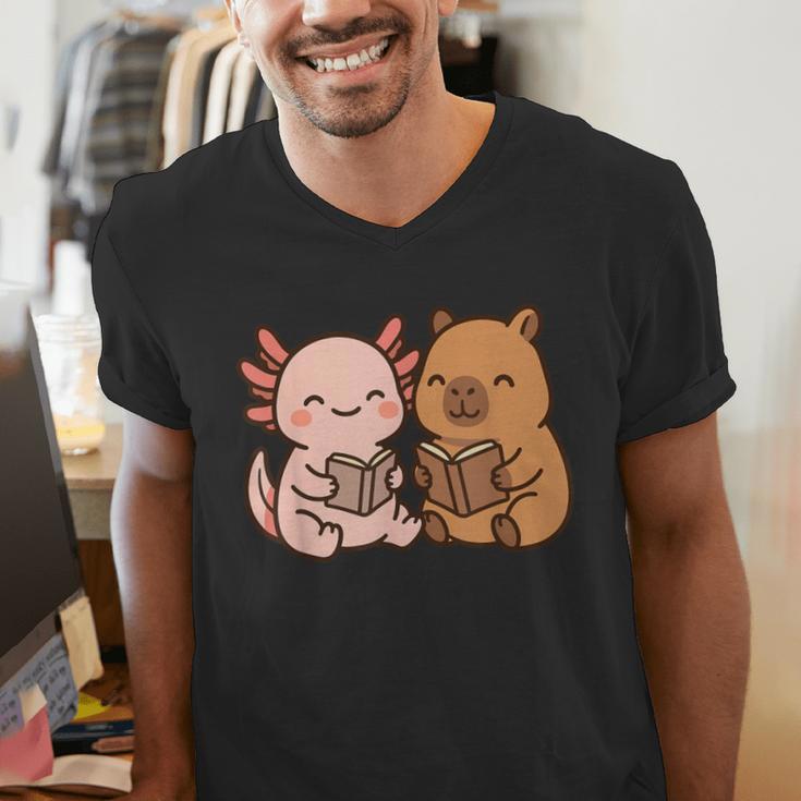 Capybara Axolotl Kawaii Kids Anime Book Lover Reading Men's V-Neck T-Shirt Capybara Axolotl Kawaii Kids Anime Book Lover Reading Men's V-Neck T-Shirt