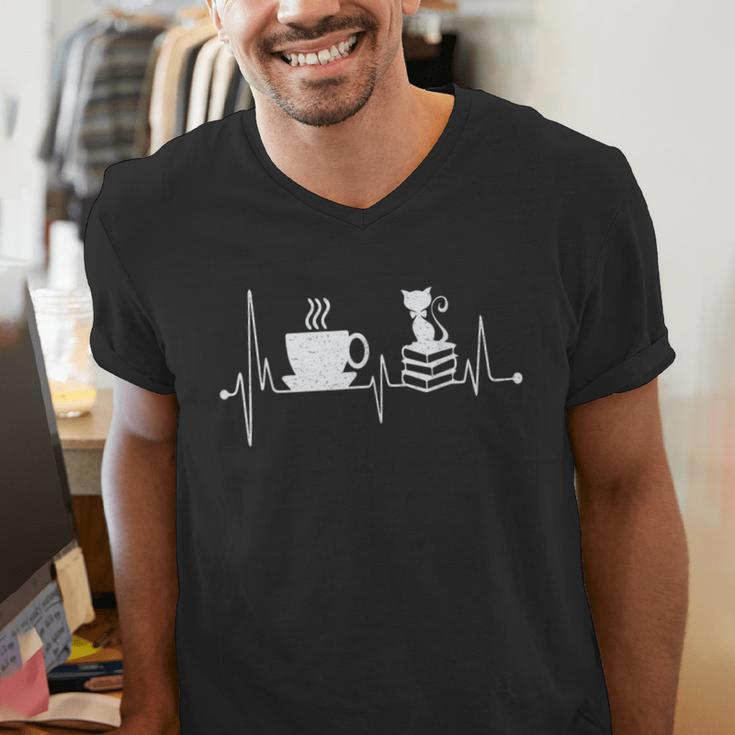 Cat Book Coffee Lover Heartbeat Cat Lover Book Lover Men's V-Neck T-Shirt