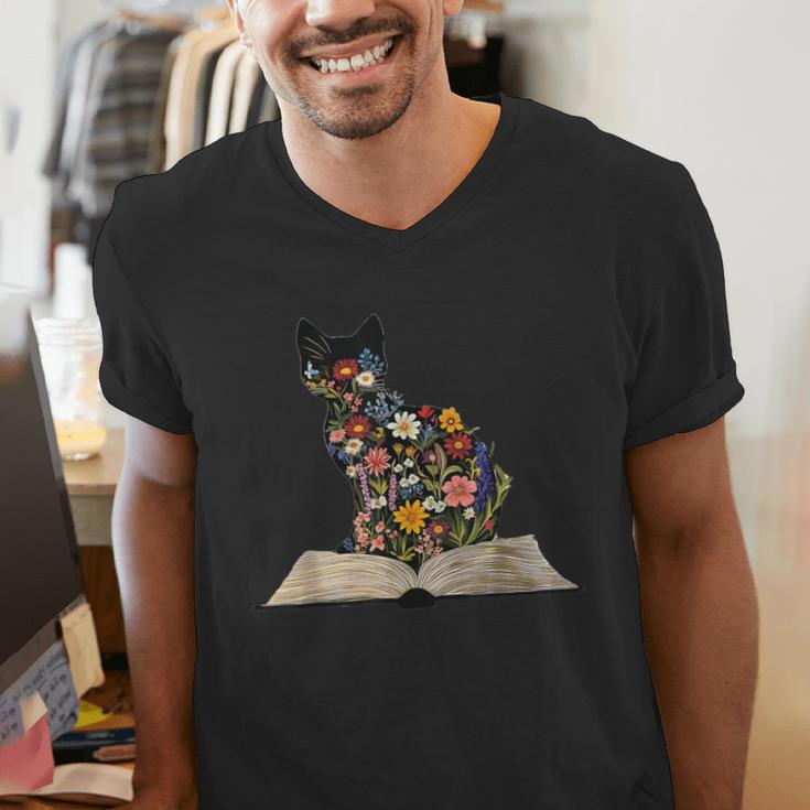 Cat Book Flowers Men's V-Neck T-Shirt