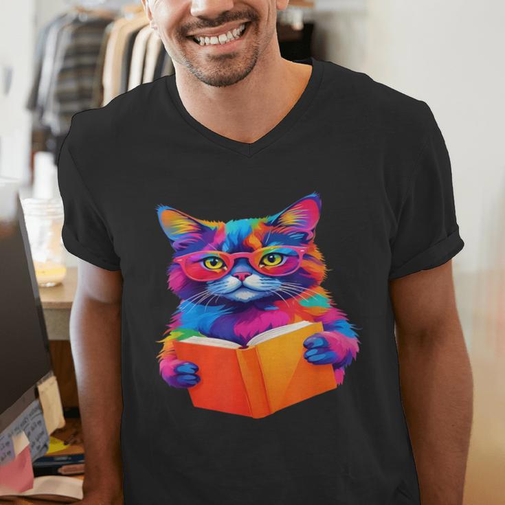 Cat Book Shirt Colorful Cat Reading Book Men's V-Neck T-Shirt Cat Book Shirt Colorful Cat Reading Book Men's V-Neck T-Shirt