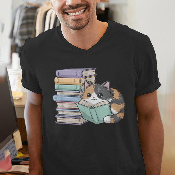 Cat On Books Pets Cats Reading Book Nerd Read Reader Bookcat Men's V-Neck T-Shirt Cat On Books Pets Cats Reading Book Nerd Read Reader Bookcat Men's V-Neck T-Shirt
