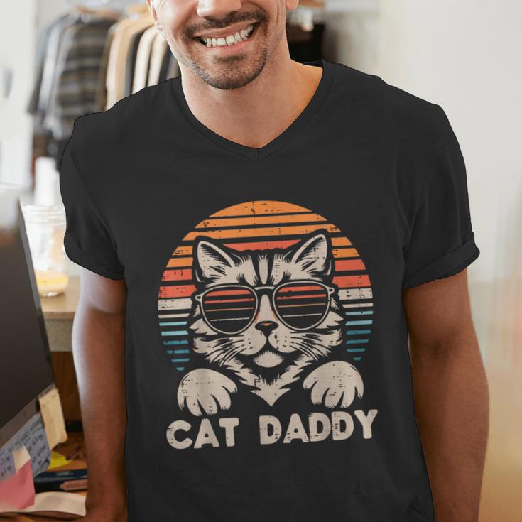 Cat Daddy Sunglasses Sunset Retro Fur Dad Papa Kitten Men Men's V-Neck T-Shirt Cat Daddy Sunglasses Sunset Retro Fur Dad Papa Kitten Men Men's V-Neck T-Shirt