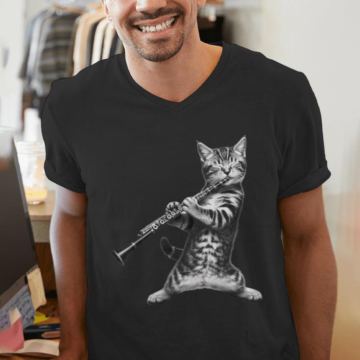 Cat Playing The Clarinet For Cat Lover Cat Mom Cat Dad Men's V-Neck T-Shirt Cat Playing The Clarinet For Cat Lover Cat Mom Cat Dad Men's V-Neck T-Shirt