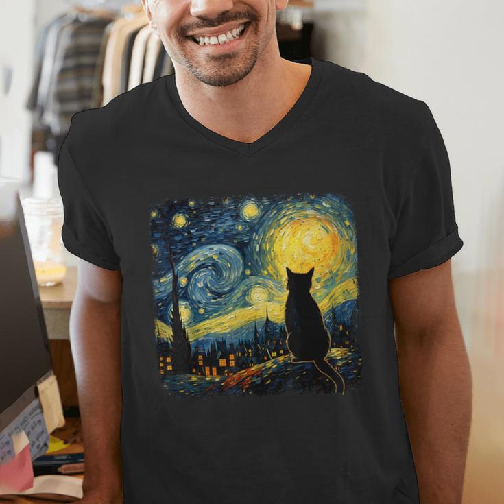 Cat Starry Night Van Gogh Cat For Cat Lover Cat Mom Cat Dad Men's V-Neck T-Shirt Cat Starry Night Van Gogh Cat For Cat Lover Cat Mom Cat Dad Men's V-Neck T-Shirt