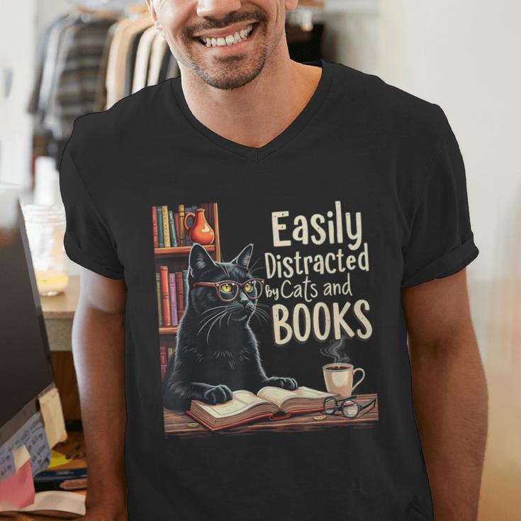 Cats And Books Book & Cat Lover Easily Distracted By Men's V-Neck T-Shirt