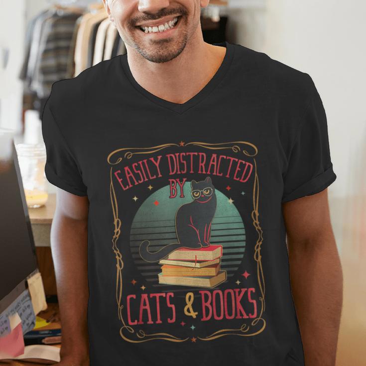 Cats And Books Lover Reading Literary Feline Humor Men's V-Neck T-Shirt