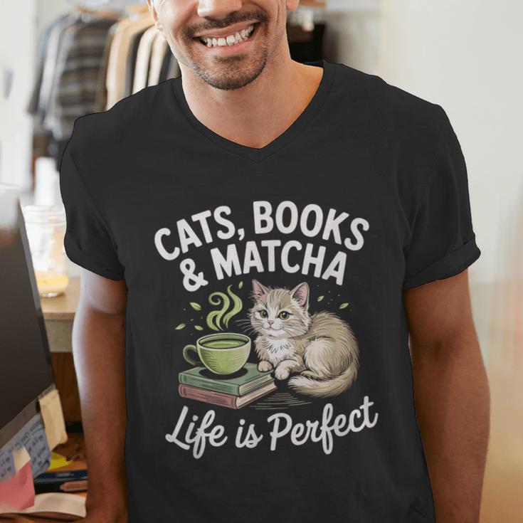 Cats Books And Matcha Life Is Perfect Green Tea Matcha Men's V-Neck T-Shirt Cats Books And Matcha Life Is Perfect Green Tea Matcha Men's V-Neck T-Shirt