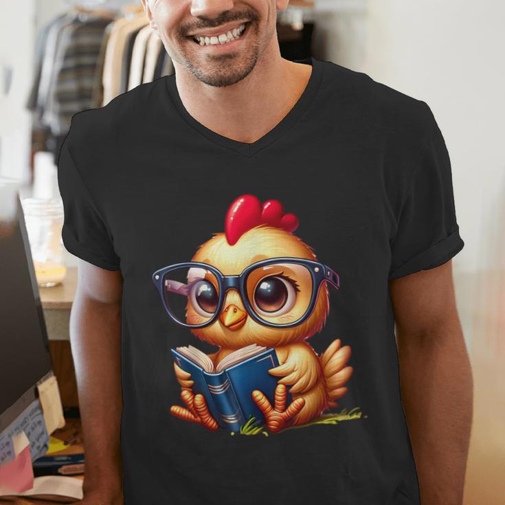 Chicken Reading a Book Farm Animal Chick Men's V-Neck T-Shirt