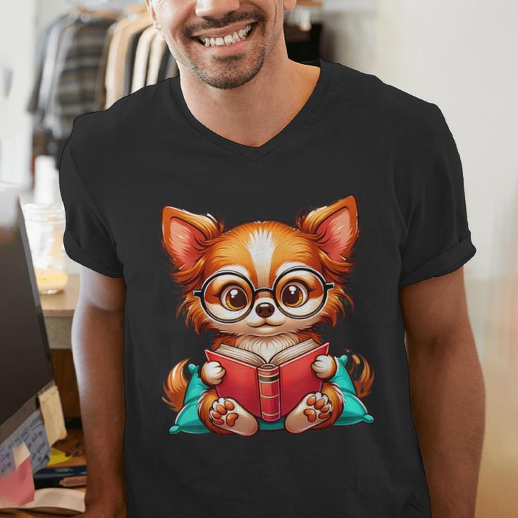 Chihuahua Reading a Book Dog Men's V-Neck T-Shirt
