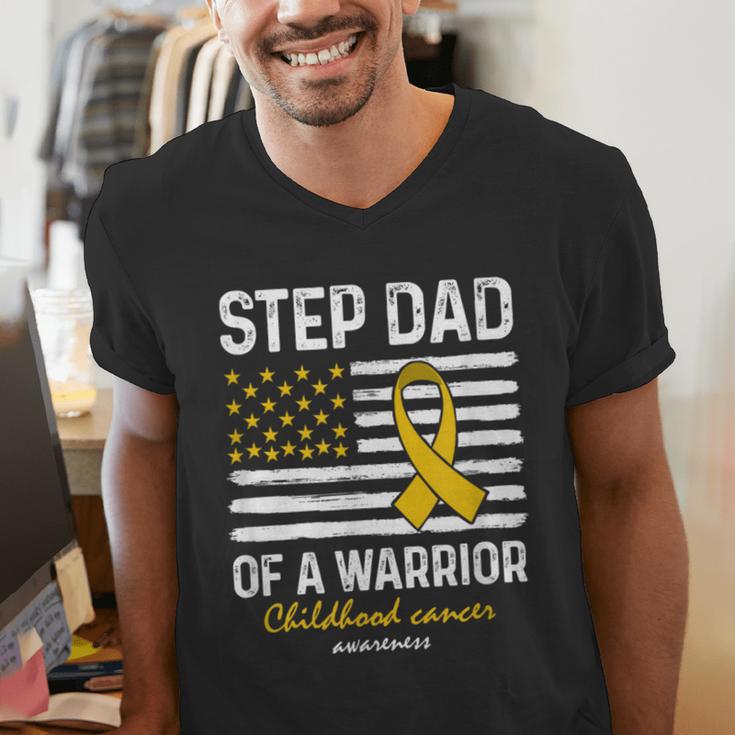 Childhood Cancer Survivor Support Step Dad Of A Warrior Men's V-Neck T-Shirt Childhood Cancer Survivor Support Step Dad Of A Warrior Men's V-Neck T-Shirt