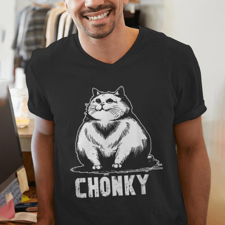 Chonk Fat And Hairy Cat Cats Kittens Dad Graphic Mom Funny Men's V-Neck T-Shirt
