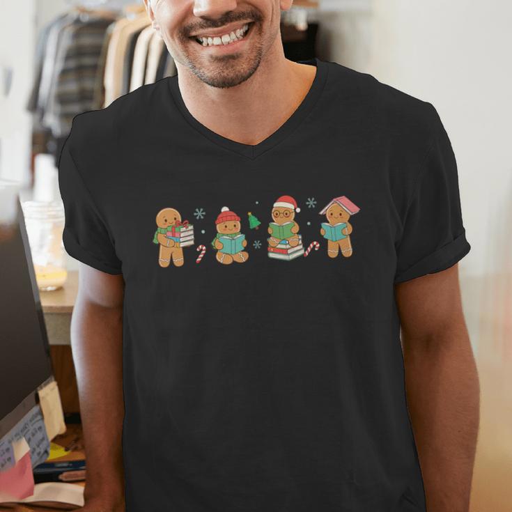 Christmas Library Gingerbread Man Books Lover Bookish Men's V-Neck T-Shirt