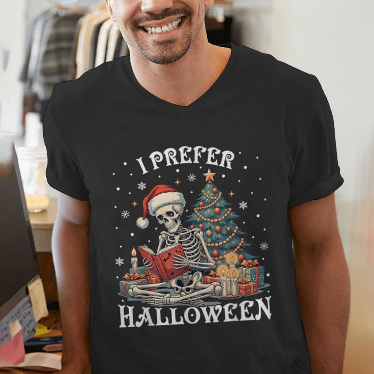 Christmas Outfit I Prefer Halloween Book Reading Skeleton Men's V-Neck T-Shirt Christmas Outfit I Prefer Halloween Book Reading Skeleton Men's V-Neck T-Shirt