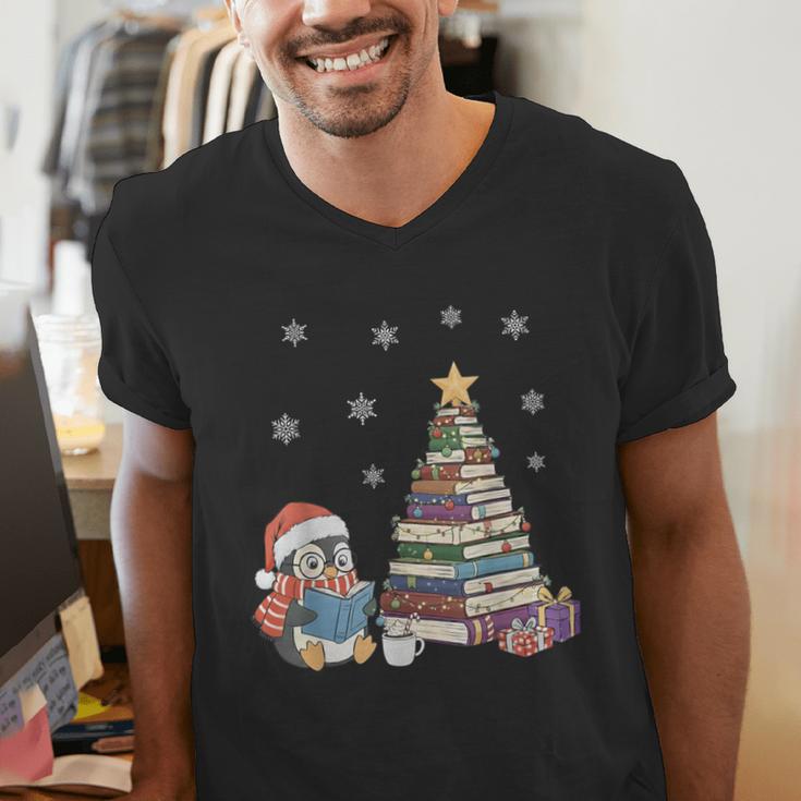 Christmas A Penguin Reading Book Snowflake Cocoa Hot Teacher Men's V-Neck T-Shirt Christmas A Penguin Reading Book Snowflake Cocoa Hot Teacher Men's V-Neck T-Shirt