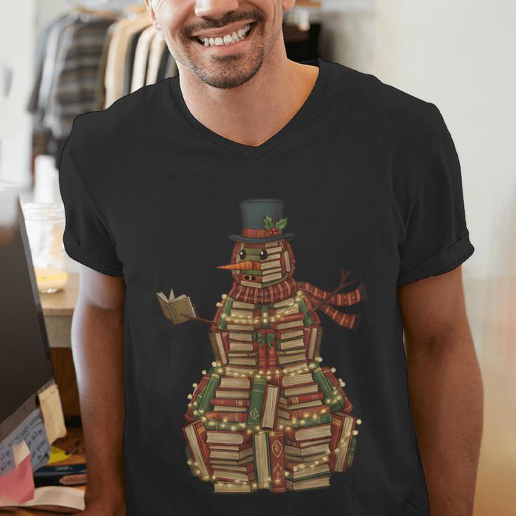 Christmas Snowman Made Of Books Holiday Reading Xmas Men's V-Neck T-Shirt