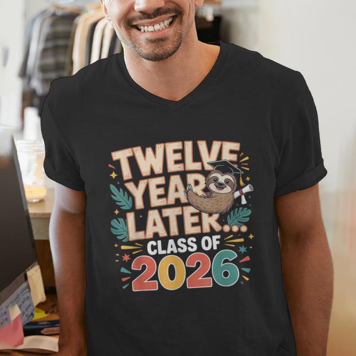 Class Of 2026 Senior Twelve Years Later Sloth Graduation Men's V-Neck T-Shirt
