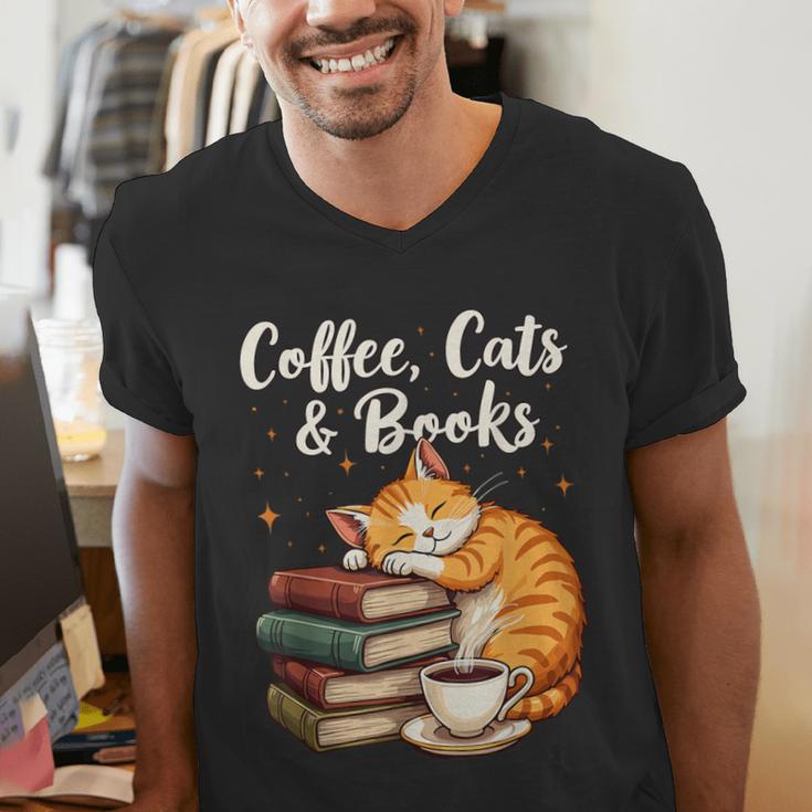 Coffee Cats & Books Lover For Women & Girls Coffee Men's V-Neck T-Shirt