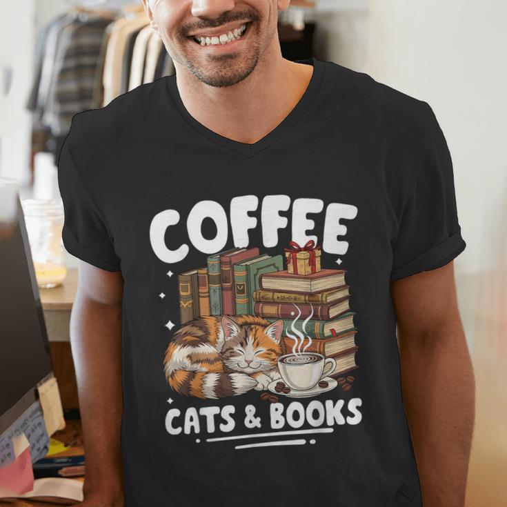 Coffee Cats And Books Cats And Reading Lovers Men's V-Neck T-Shirt