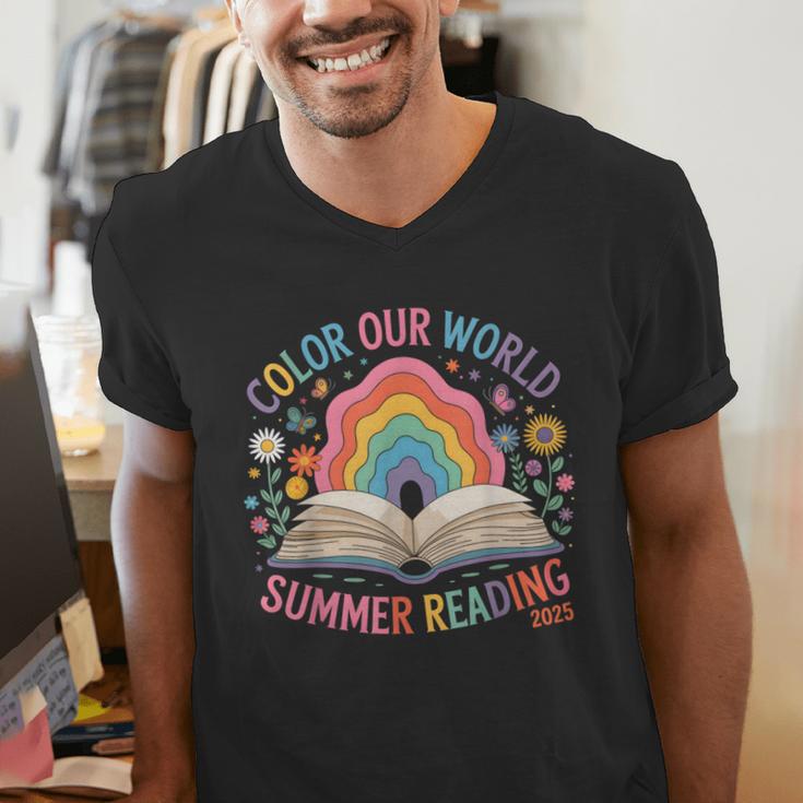 Color Our World Summer Reading 2025 Rainbow Art Book Men's V-Neck T-Shirt Color Our World Summer Reading 2025 Rainbow Art Book Men's V-Neck T-Shirt