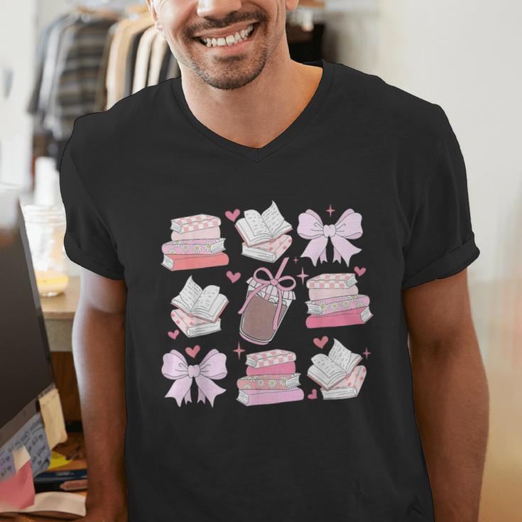 Coquette Bow Book Coffee Valentines Bookish Library Teacher Men's V-Neck T-Shirt
