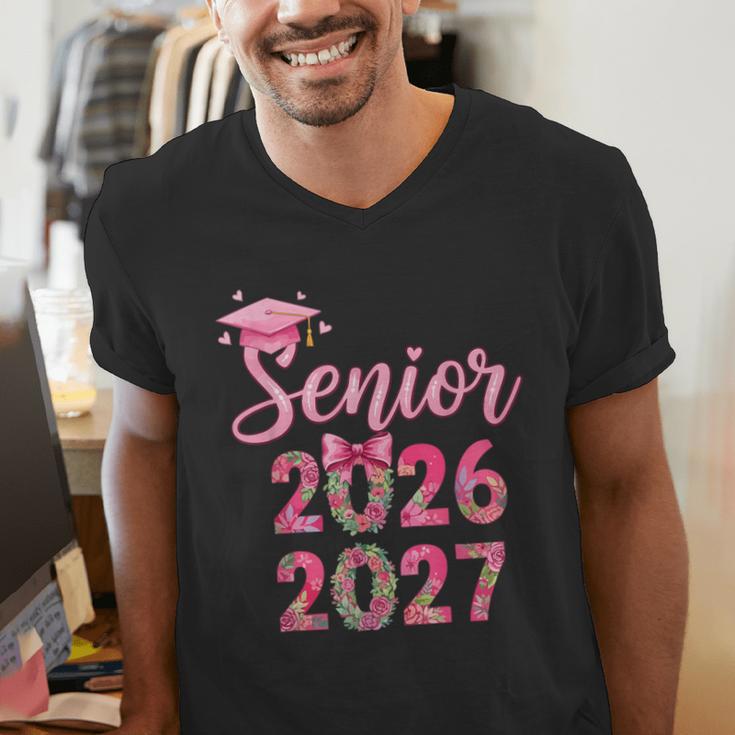 Coquette Pink Bow Flowers Senior 2026 2027 Graduation Men's V-Neck T-Shirt