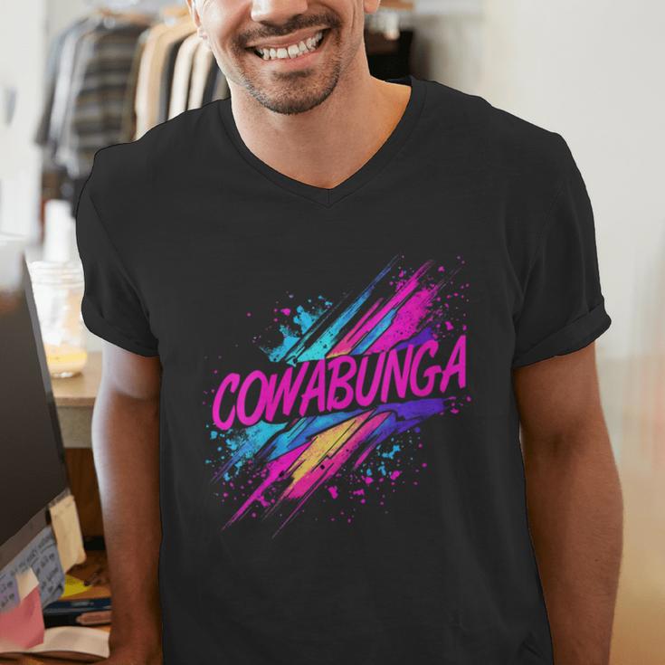 Cowabunga Retro 80s 90s Nostalgia Slang Neon Grunge Art Men's V-Neck T-Shirt Cowabunga Retro 80s 90s Nostalgia Slang Neon Grunge Art Men's V-Neck T-Shirt