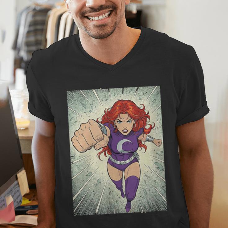 The Crimson Crescent 90s Retro Comic Book Superheroine Art Men's V-Neck T-Shirt