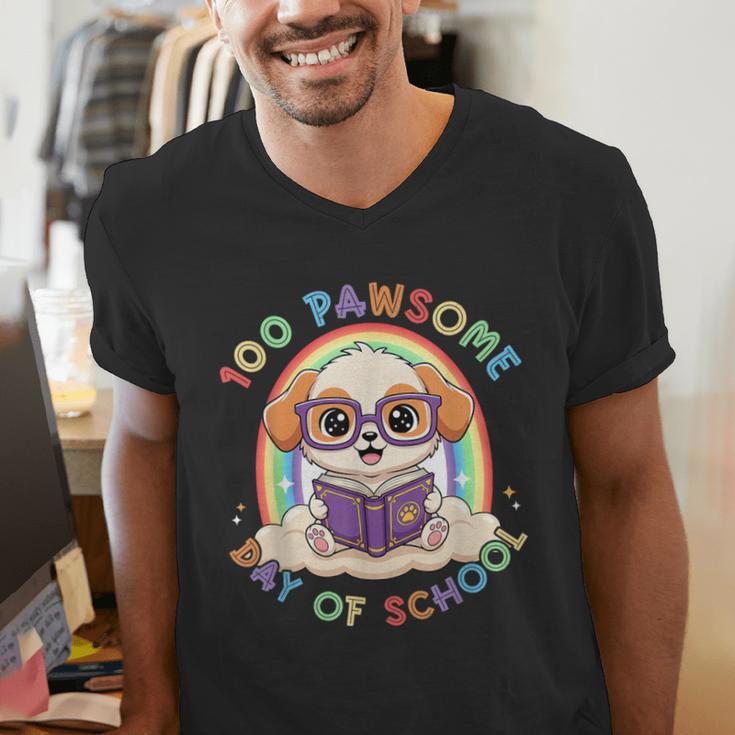 Cute 100th Day Of School 100 Days Dog Reading Book Rainbow Men's V-Neck T-Shirt