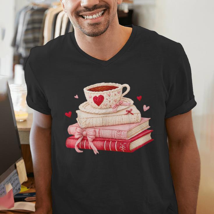 Cute Books And Coffee Crochet Valentines Day Tee For Couples Men's V-Neck T-Shirt