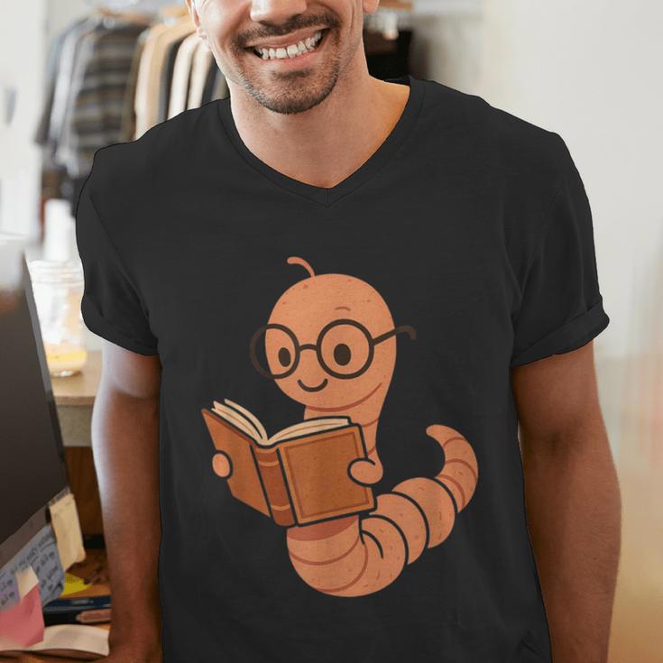 Cute Bookworm Worm Reading Book Glasses Nerdy Men's V-Neck T-Shirt Cute Bookworm Worm Reading Book Glasses Nerdy Men's V-Neck T-Shirt