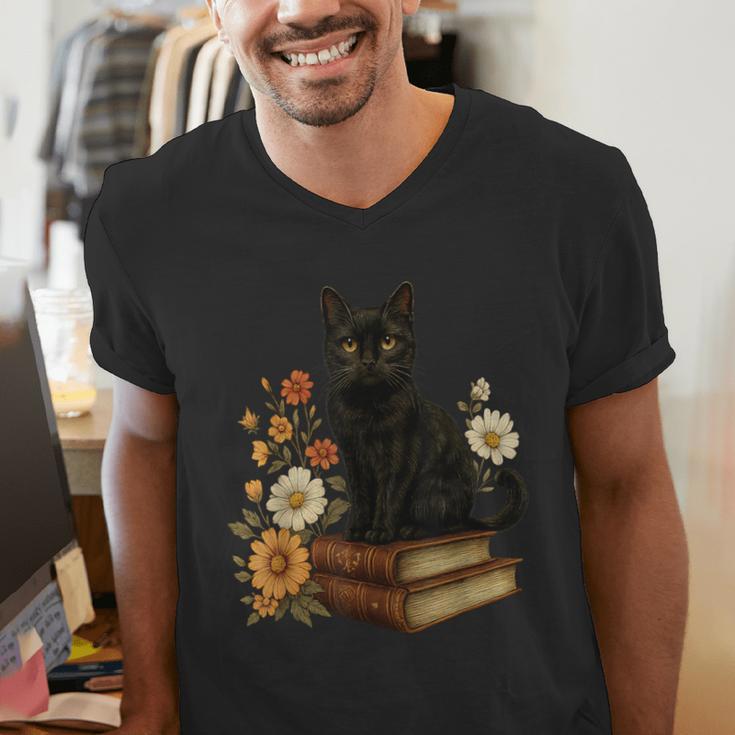 Cute Cat Book Flowers Men's V-Neck T-Shirt Cute Cat Book Flowers Men's V-Neck T-Shirt