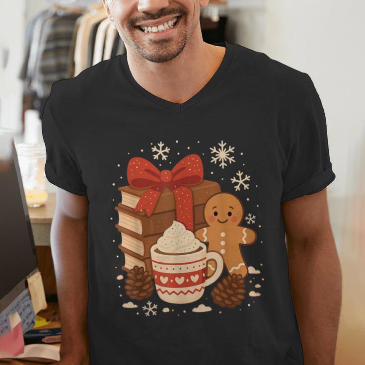 Cute Christmas Books Gingerbread Xmas Book Lover Teacher Men's V-Neck T-Shirt Cute Christmas Books Gingerbread Xmas Book Lover Teacher Men's V-Neck T-Shirt