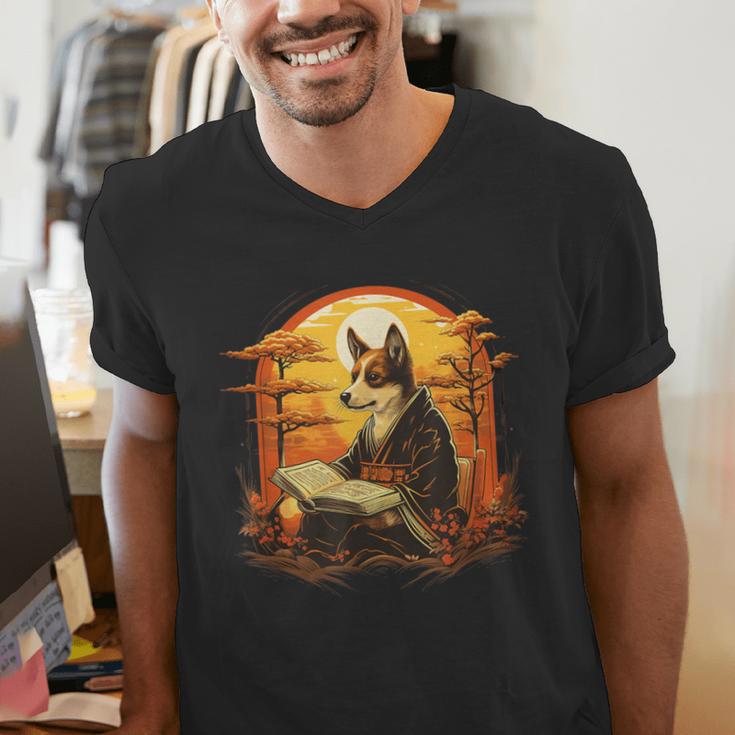 Cute Corgi Dog In Japanese Kimono With Book Men Women Girls Kids Men's V-Neck T-Shirt Cute Corgi Dog In Japanese Kimono With Book Men Women Girls Kids Men's V-Neck T-Shirt