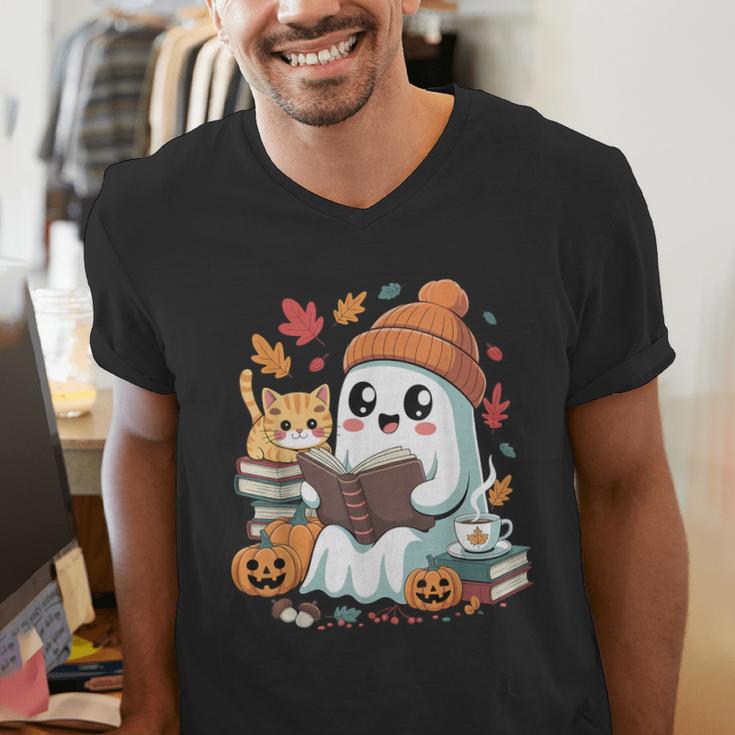 Cute Cozy Ghost Reading With Cat Book Lover Autumn Fall Men's V-Neck T-Shirt