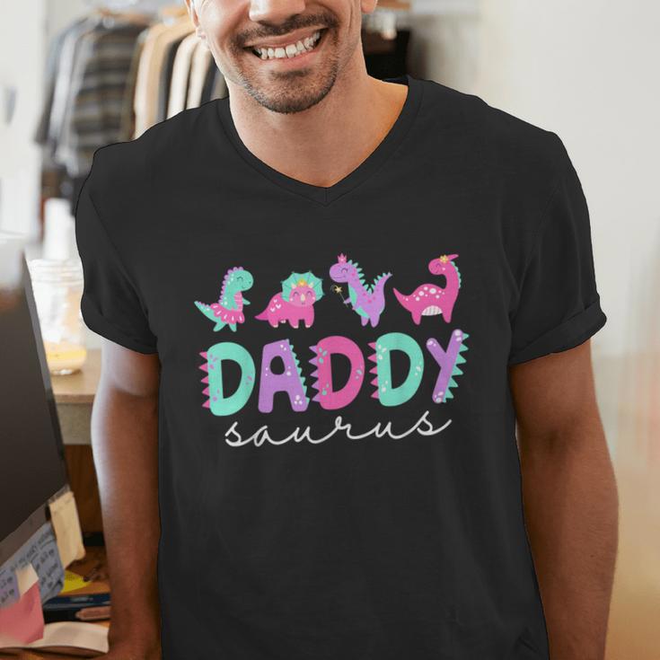 Cute Daddy Saurus Dad Dinosaur Birthday Boy Girl Family Men's V-Neck T-Shirt