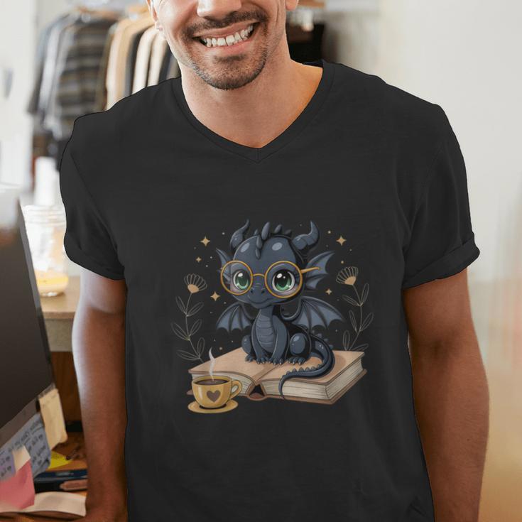 Cute Dragon Books Flower Bookworm Book Lover Men's V-Neck T-Shirt