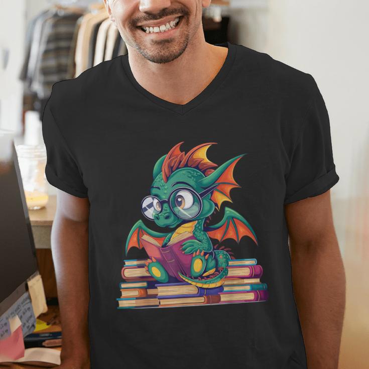 Cute Dragon Reading a Book Bookworm For Men Women Kid Men's V-Neck T-Shirt