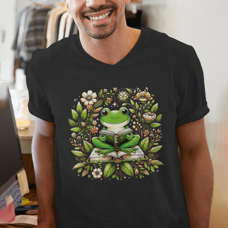 Cute Floral Frog Book Reading Men's V-Neck T-Shirt Cute Floral Frog Book Reading Men's V-Neck T-Shirt