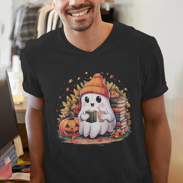 Cute Ghost Drinking Coffee Halloween Reading Book Retro Men's V-Neck T-Shirt