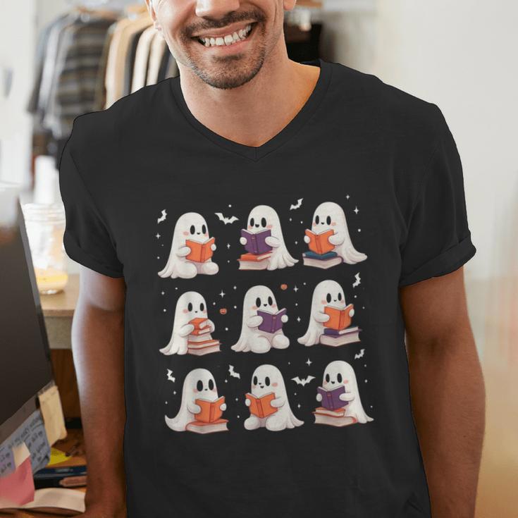 Cute Ghost Reading Book Lovers Halloween Ghost Men's V-Neck T-Shirt Cute Ghost Reading Book Lovers Halloween Ghost Men's V-Neck T-Shirt